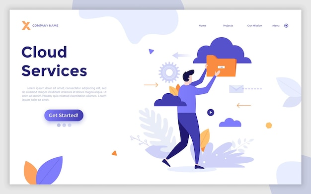 Bestemmingspaginasjabloon met man met map concept van cloud digitale gegevensopslag internetarchief voor elektronische informatie online bestandsuitwisselingsservice platte vectorillustratie voor website