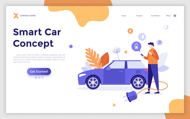 Bestemmingspaginasjabloon met man met smartphone en elektrische auto met stekker concept van mobiele app voor slimme autobewaking of afstandsbedieningssysteem moderne platte vectorillustratie voor website
