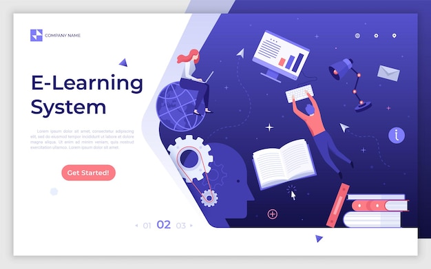 Bestemmingspaginasjabloon met studenten die in de ruimte zweven en studeren via internet e-learning systeem online cursussen voor onderwijs op afstand moderne platte vectorillustratie voor website webbanner
