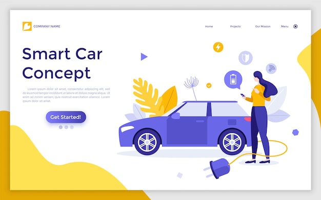 Bestemmingspaginasjabloon met vrouw die smartphone en elektrische auto met stekker gebruikt Concept van mobiele app voor slimme autobewaking of afstandsbedieningssysteem Moderne platte vectorillustratie voor website