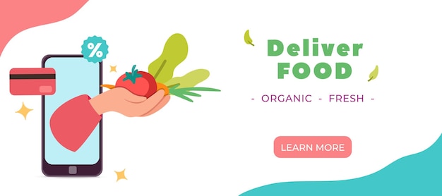 Bestemmingswebpagina voor online biologische eco-voedselwinkelillustratie. Bestel en lever service op maat