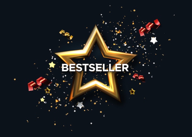 Bestseller award sign with golden star and confetti