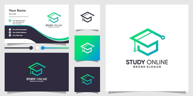 Bestudeer online logo met creatief modern concept en visitekaartjeontwerp Premium Vector