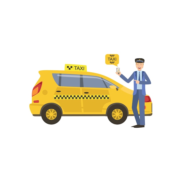 Vector bestuurder die een smartphone-taxiservice-applicatie toont die naast zijn gele auto staat