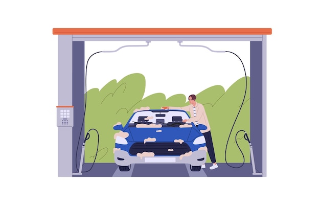 Bestuurder reiniging auto bij selfservice car wash man reiniging vuile auto met spons shampoo schuim water bij wasmachine station carwash platte grafische vectorillustratie geïsoleerd op witte achtergrond