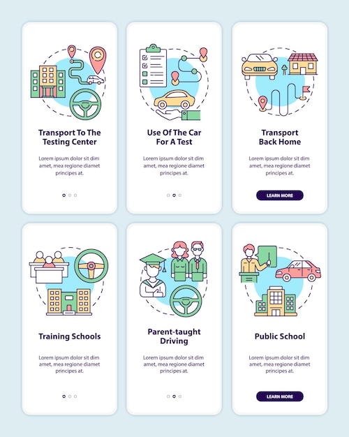Bestuurdersopleiding biedt onboarding-paginaschermset voor mobiele apps. Cursus voor tieners doorloop 3 stappen grafische instructies met concepten. UI, UX, GUI vectorsjabloon met lineaire kleurenillustraties