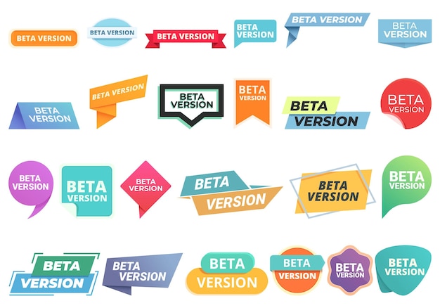 Beta version icons set cartoon vector Build bug