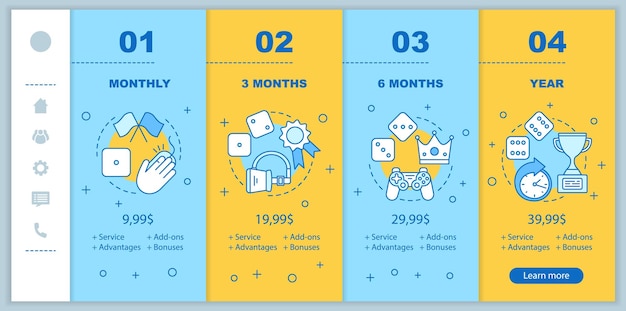 Betaal en speel lidmaatschap onboarding mobiele app-schermen met serviceprijzen
