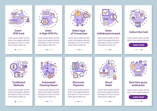 Betalingen onboarding mobiele app-paginascherm met lineaire concepten. Traditionele methoden. Transactiegids. Doorloopstappen grafische instructies.