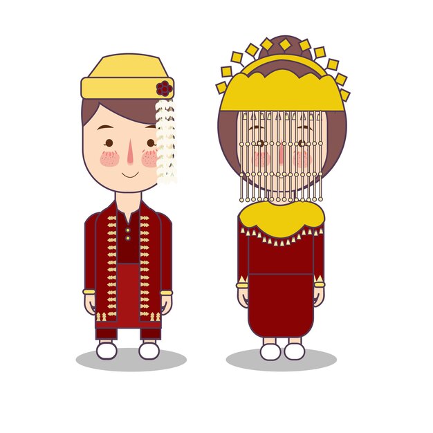 Пара бетави Джакарты традиционная национальная одежда Индонезии Набор персонажей мультфильмов