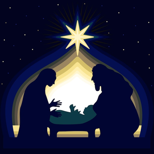 Bethlehem cave. maria and joseph at the cradle of son. vector illustration. christmas concept.