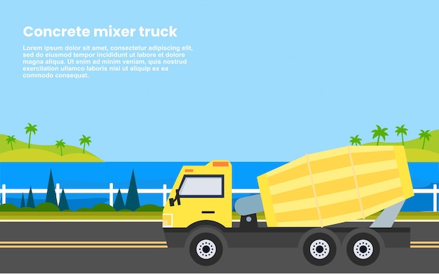 Betonmixer vrachtwagen op de weg van de snelweg. bouw vrachtwagen. vectorillustratie.