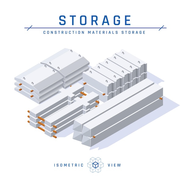 Vector betonnen opslag concept isometrische weergave. set bouwartikelen