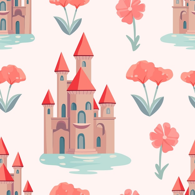 Betoverend kasteel en bloemenvectorpatronen voor kinderdromen Ontdek de magische wereld van eigenzinnigheid