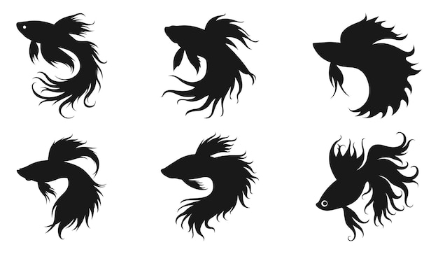 Betta Siamese Fighting Fish Silhouette Vector Art en Black Betta Fish Design Illustratie set