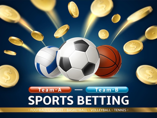 Betting sports poster. realistic flying gold coins. soccer,\
volleyball and basketball balls. gambling banner. athletic bets for\
tennis or hockey matches. money winning. vector bookmaker