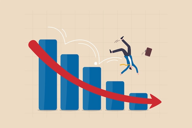 Vector beurs stortte naar beneden vallen economische crash investeren mislukking of fout prijsdaling recessie investeringsrisico concept zakenman belegger slip op beurs grafiek vallen op de grond