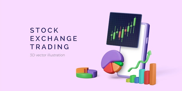 Vector beurshandel concept 3d mobiele app met kandelaardiagram cirkeldiagram en analysegrafiek