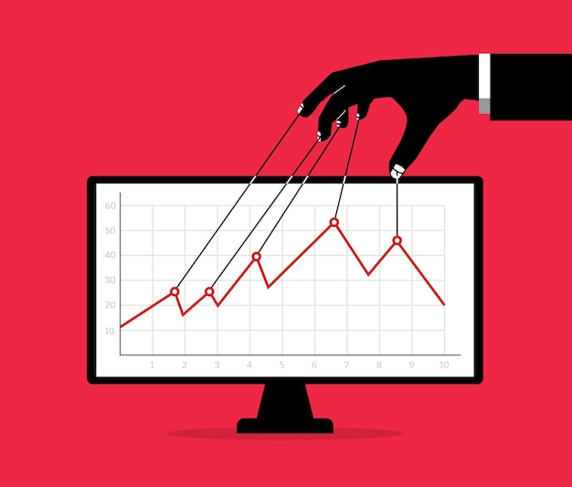 Vector beursmanipulatie handen met strings over grafiek voor het veranderen van het controleren van prijsbeweging zakenman marktmanipulator om marktgrafieken te controleren