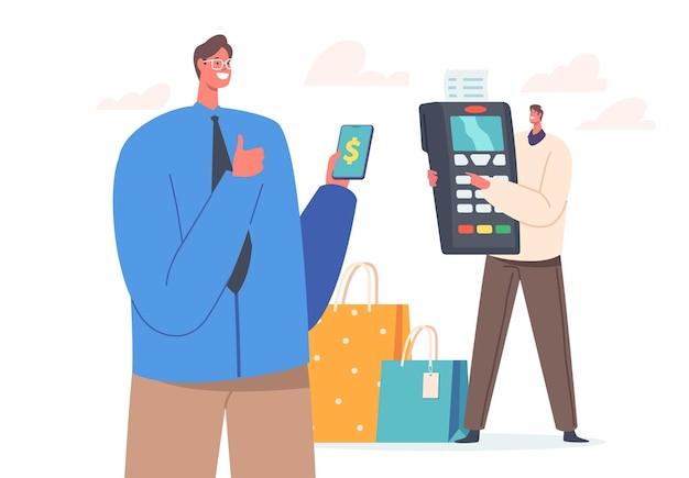 Beveiligd betalingsconcept Mannenkopers houden smartphone en enorme betaalautomaat vast om met kaart in supermarkt of online te betalen
