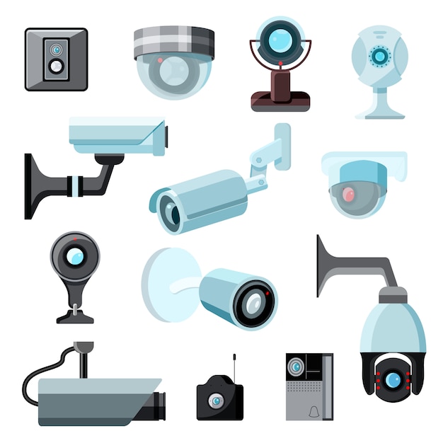 Beveiliging camera cctv controle veiligheid video bescherming technologie systeem illustratie set van privacy veilige bewaker apparatuur webcam apparaat geïsoleerd op een witte achtergrond