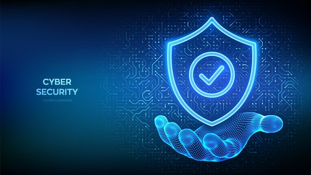 Beveiligingsschild Cybersecurity Beschermingsschild met checkmark-icoon in de wireframe-hand Cyberdatebescherming Informatie privacy idee Circuitboard PCB-patroon gedrukte schakeltextuur Vector
