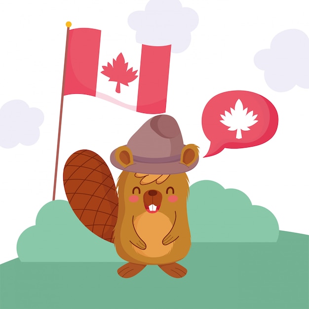 Bever met vlag en bel van de gelukkige dag van Canada