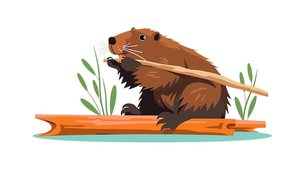 Bever wild bos knaagdier eten houten tak met tanden Geïsoleerd op witte achtergrond Cartoon vectorillustratie