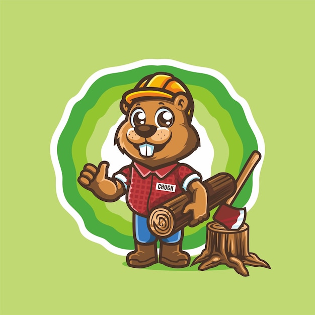 Bever woodchuck houthakker staande met hout en bijl cartoon karakter mascotte vector