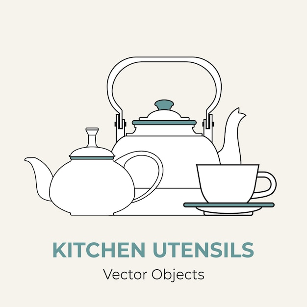Vector beverage coffee tea set concept vector isolated kettle tea cup saucer teapot simple form line illustration logo icon cafe menu banner coffee shop white kettle teapot demitasse isolated background