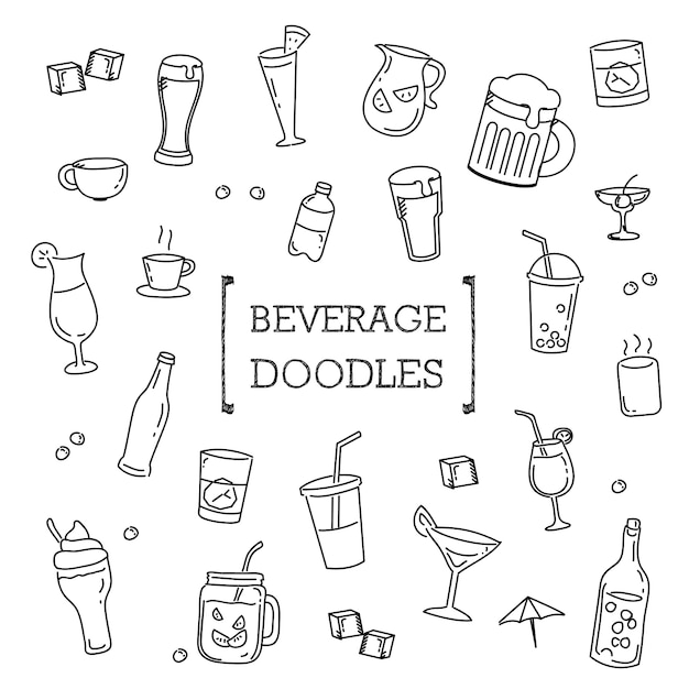 Beverage doodles set, Hand drawing styles drinks.