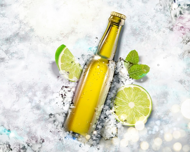 Beverage in glass bottle on crushed ice background , top view angle