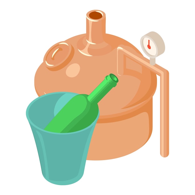 Vector beverage production icon isometric vector bottle in bucket near metal container hobby production business