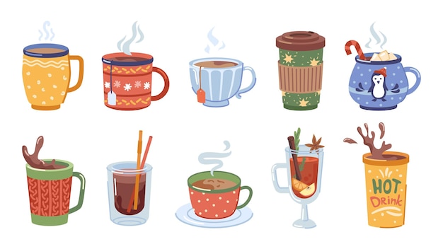 Вектор Напитки и горячие напитки на зимний рождественский набор чашек с кофе, чаем и какао с