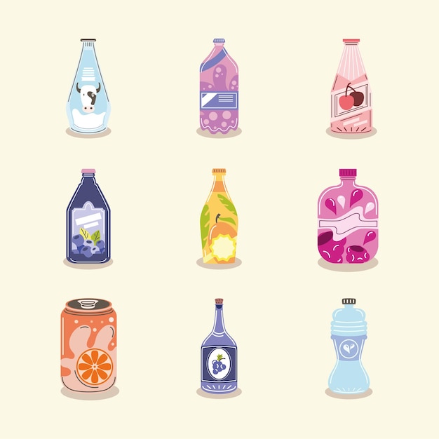 Beverages different bottles icons