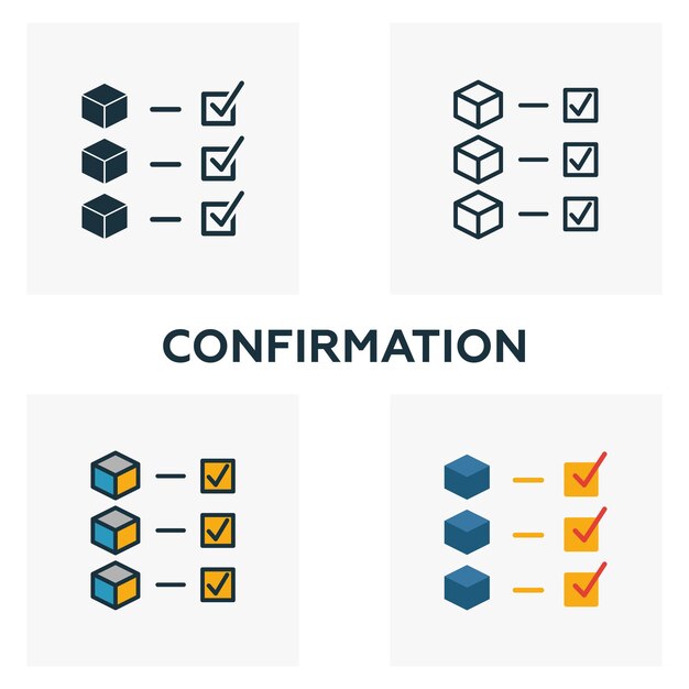 Bevestigingspictogramreeks Vier elementen in verschillende stijlen uit de collectie van blockchain-pictogrammen Creatieve bevestigingspictogrammen gevuld omtrek gekleurde en platte symbolen