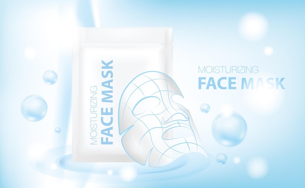 Bevochtigend gezichtsmasker cosmetische producten advertentie lichtblauwe bokeh achtergrond met prachtige containers