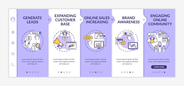 Bevordering van tips voor merkbekendheid onboarding vectorsjabloon. Leadgeneratie en het aantrekken van klanten. Responsieve mobiele website met pictogrammen. Stapschermen voor het doorlopen van webpagina's. RGB-kleurconcept