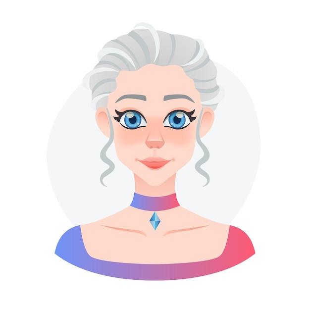 Bevroren koningin cartoon avatar Game karakter Jonge witharige mooie vrouw portret Grote blauwe anime ogen Vector