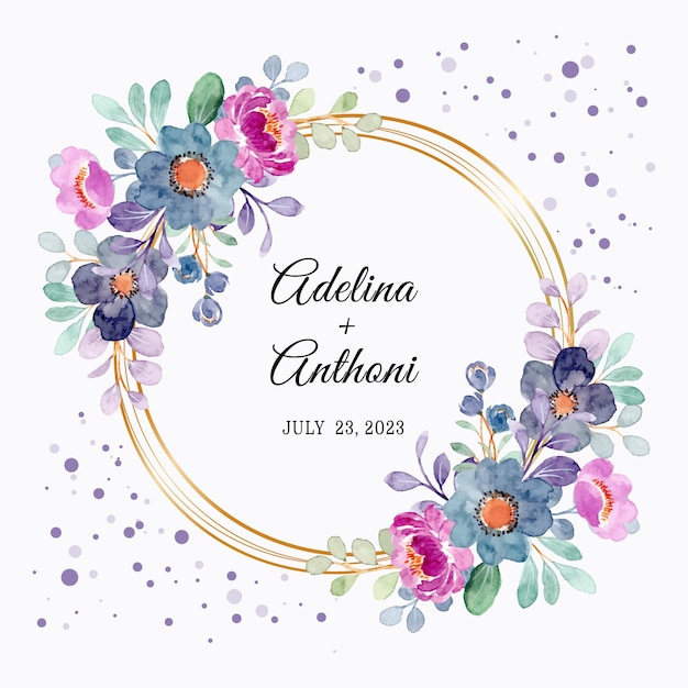 Bewaar de datum. Paarse bloemen krans aquarel met gouden frame