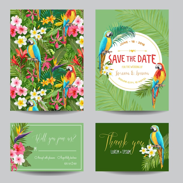 Bewaar de datumkaartenset. Tropische bloemen en papegaaien huwelijksuitnodiging