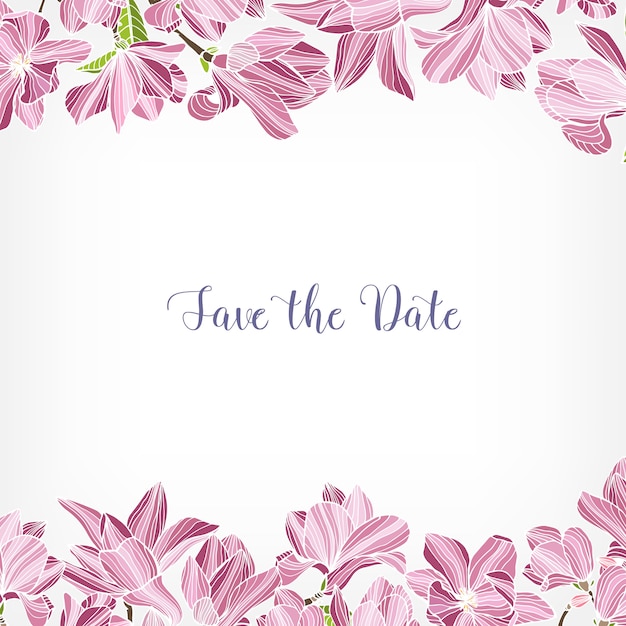 Bewaar de datumkaartsjabloon versierd met bloemenrand of frame gemaakt van roze bloeiende magnoliabloemen.