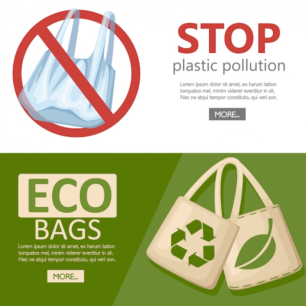 Bewaar ecologie concept. stoffen doek of papieren zak. zakken met recycling, groen blad en eco-symbolen. vervangende plastic zakken. red de ecologie van de aarde. illustratie op witte achtergrond