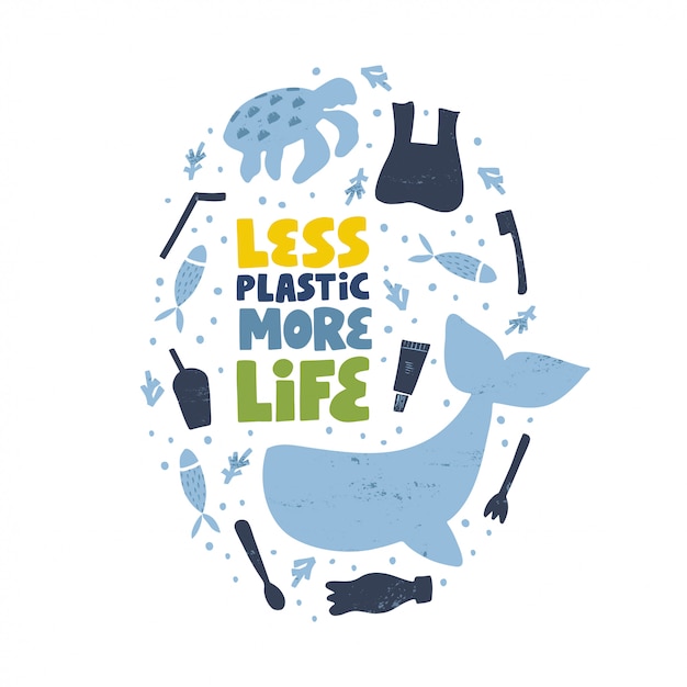 Bewaar het zee-concept. stop watervervuiling geïsoleerde illustratie. bescherming van de planeet. plastic fles en tas, walvis en schildpad clipart. minder plastic meer leven