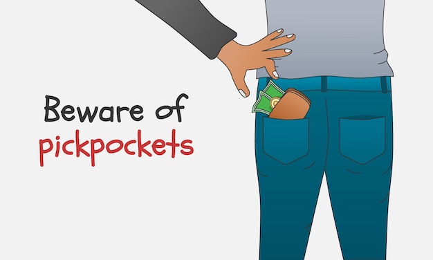 Beware of pickpockets concept Human hand takes wallet or money cash from pocket Vector illustration