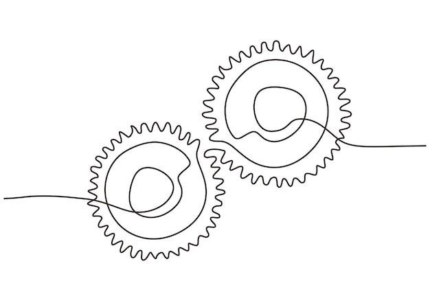 Bewegende tandwielen wielen in continu lijntekening minimalistisch design ronde wiel metalen symbool bedrijf logo sjabloon voor zakelijke teamwerk concept lijn kunst grafisch ontwerp vectorillustratie