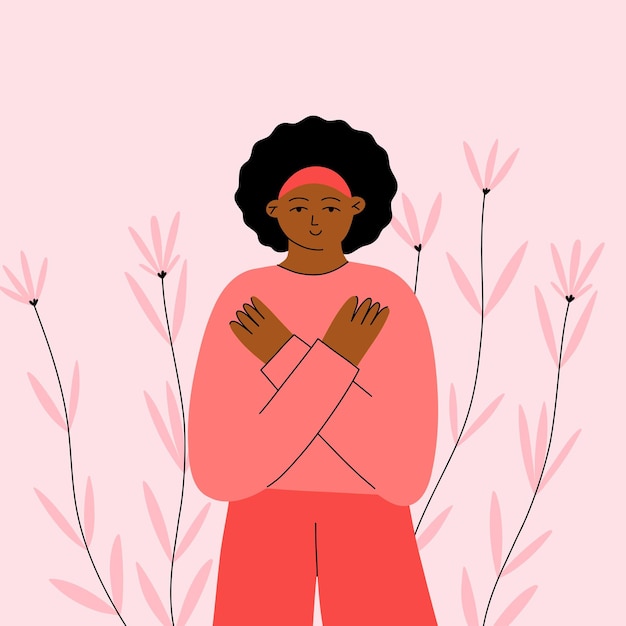 Vector beweging tegen discriminatie break the bias internationale vrouwendag vrouwen bondgenootschap feminisme concept afrikaans meisje met kruis handen gebaar diversiteit en gelijkheid cartoon vectorillustratie