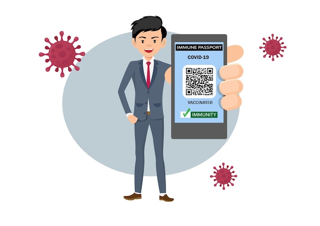 Bewegingsvrijheid het elektronische gezondheidspaspoort in de applicatie op het scherm van de mobiele telefoon van de zakenman heeft een qr-code voor het recht om te vliegen vlakke stijl cartoon illustratie vector