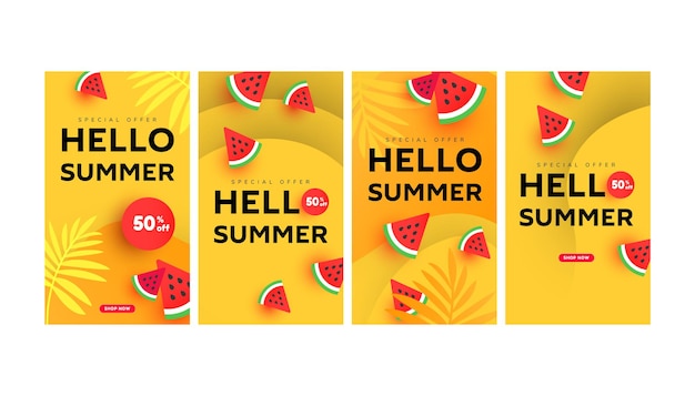 Bewerkbaar sjabloonpakket voor bannerverhalen voor zomerverkoop met gesneden watermeloenelementen, vloeibare vorm in minimale vorm