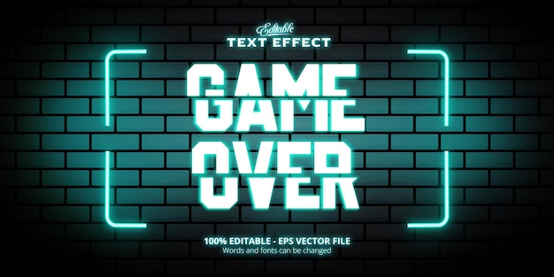 Bewerkbaar teksteffect in blauwe kleur in neonstijl, Game Over-tekst, muurachtergrond